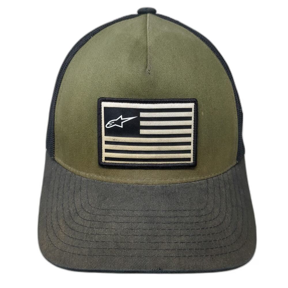 Alpinestars Trucker Hat Green Black One Size Flag Patch Mesh Snapback Logo